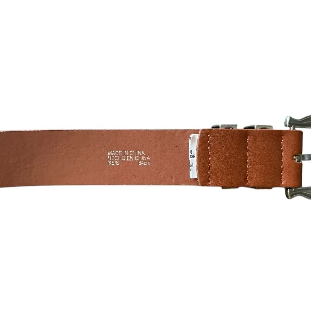 Western Style Leather Belt Silver Engraved Buckle Brown XS/S